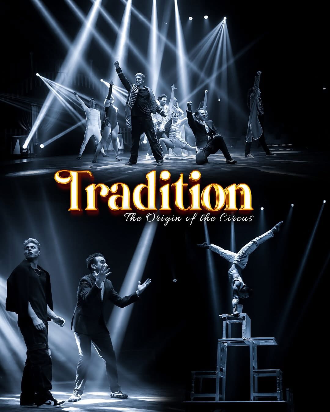 Elenco de Tradition sob fachos de luz em cena